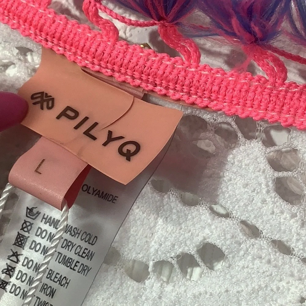 PILYQ NEW - Sz L - White Lace Cardigan with Pink and Purple Tassel Trim